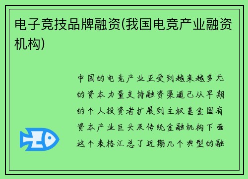 电子竞技品牌融资(我国电竞产业融资机构)